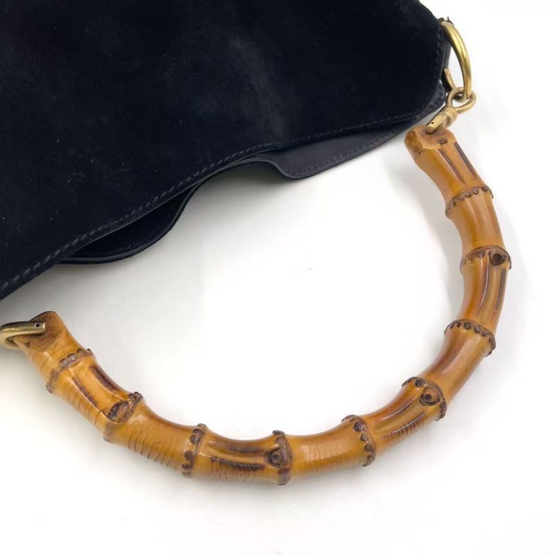 Gucci Bamboo Shoulder Bag Suede Black Handbag Gold 0012058