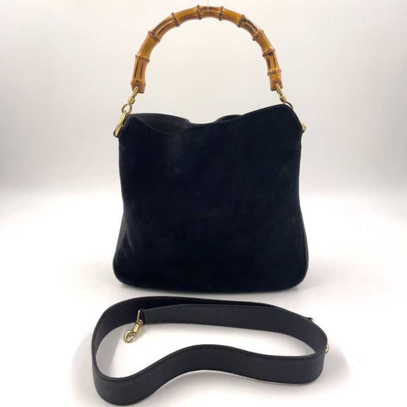 Gucci Bamboo Shoulder Bag Suede Black Handbag Gold 0012058