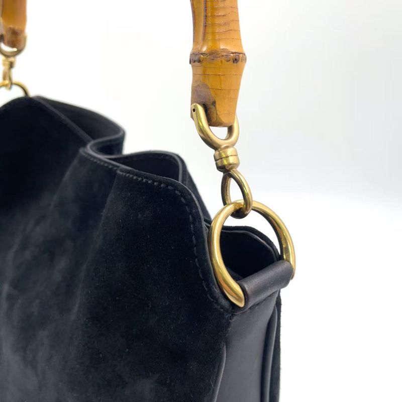 Gucci Bamboo Shoulder Bag Suede Black Handbag Gold 0012058