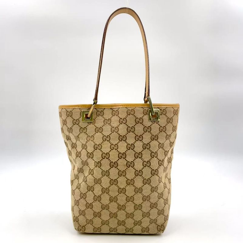 Gucci GG Pattern Canvas Brown Tote Bag Gold 002-1099
