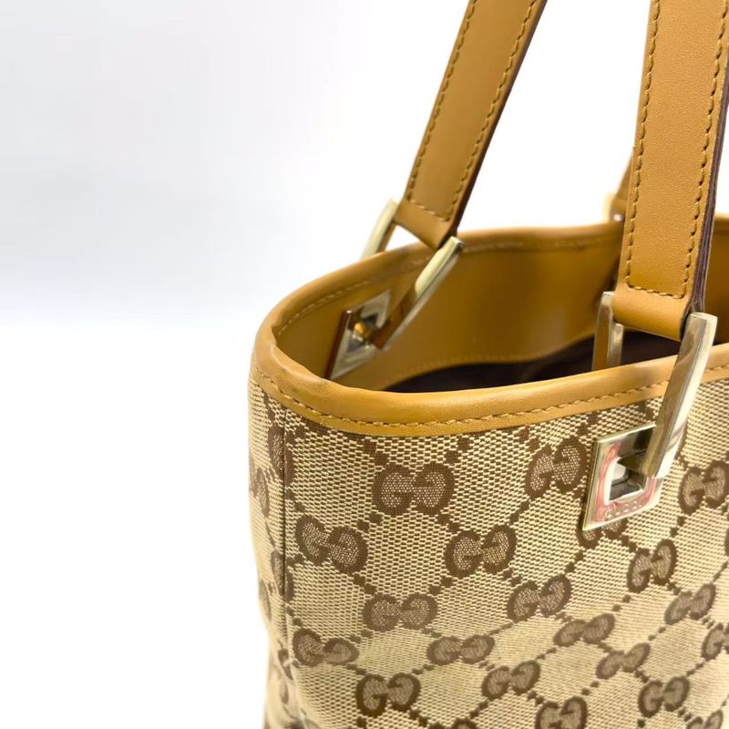 Gucci GG Pattern Canvas Brown Tote Bag Gold 002-1099