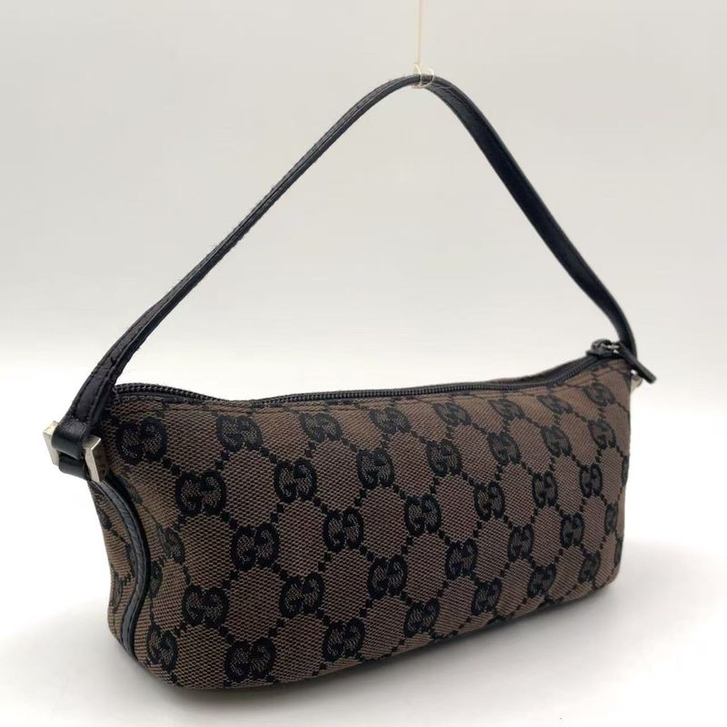 Gucci GG Pattern Leather X Canvas Dark Brown X Beige Handbag Silver 0391103