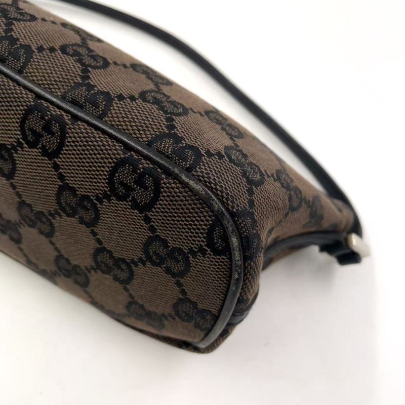 Gucci GG Pattern Leather X Canvas Dark Brown X Beige Handbag Silver 0391103