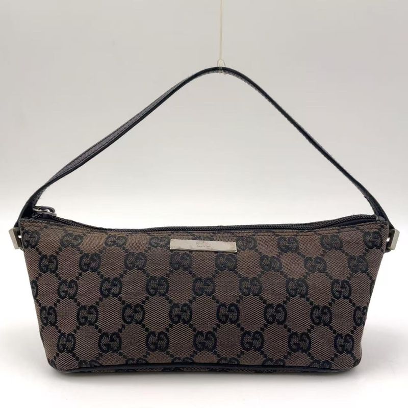 Gucci GG Pattern Leather X Canvas Dark Brown X Beige Handbag Silver 0391103