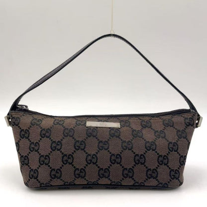 Gucci GG Pattern Leather X Canvas Dark Brown X Beige Handbag Silver 0391103