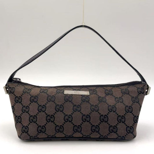 Gucci GG Pattern Leather X Canvas Dark Brown X Beige Handbag Silver 0391103