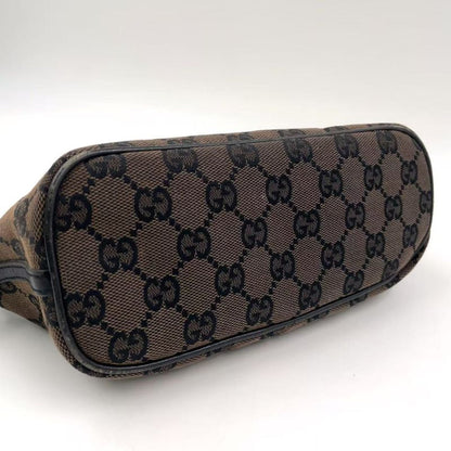 Gucci GG Pattern Leather X Canvas Dark Brown X Beige Handbag Silver 0391103