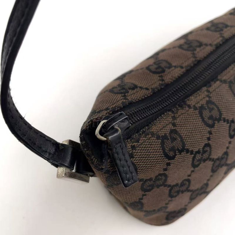 Gucci GG Pattern Leather X Canvas Dark Brown X Beige Handbag Silver 0391103