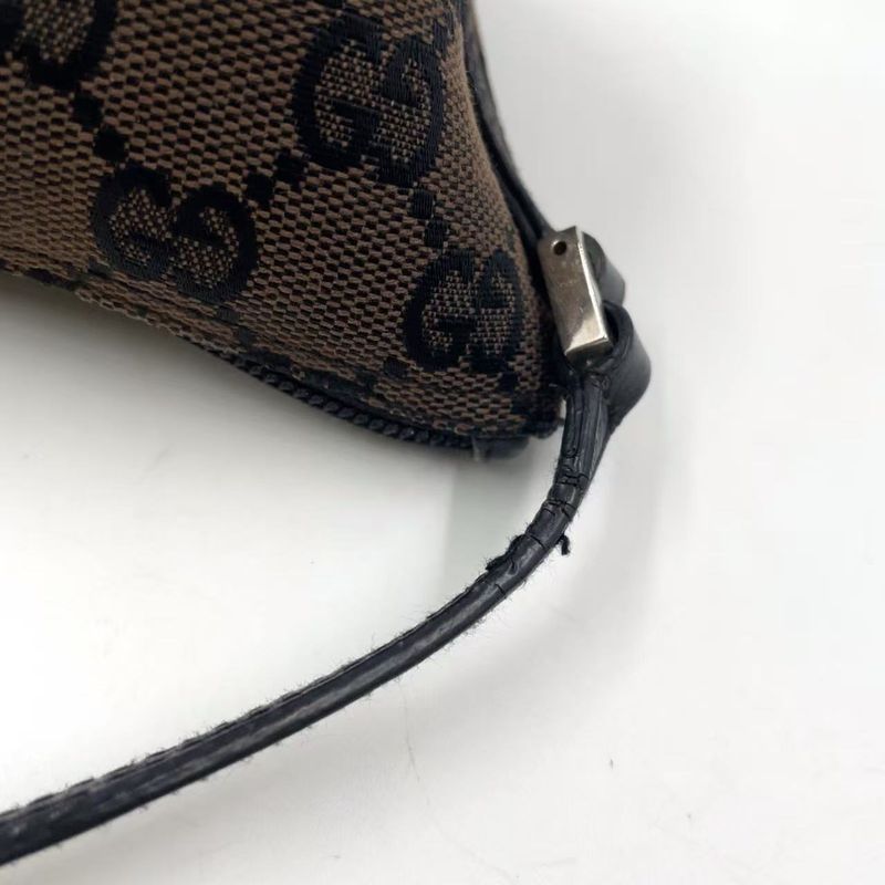 Gucci GG Pattern Leather X Canvas Dark Brown X Beige Handbag Silver 0391103