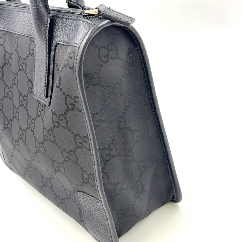 Gucci GG Pattern Leather X Nylon Canvas Black Handbag Silver 143742