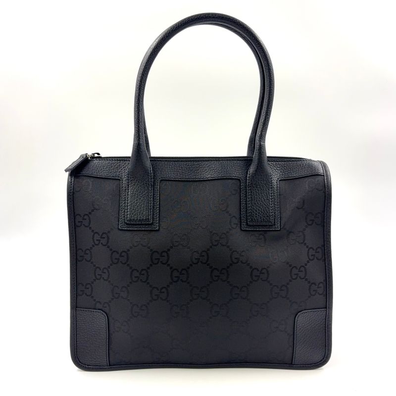 Gucci GG Pattern Leather X Nylon Canvas Black Handbag Silver 143742