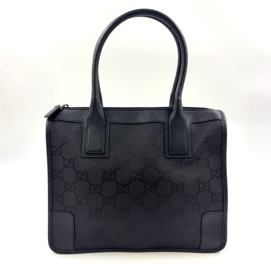 Gucci GG Pattern Leather X Nylon Canvas Black Handbag Silver 143742