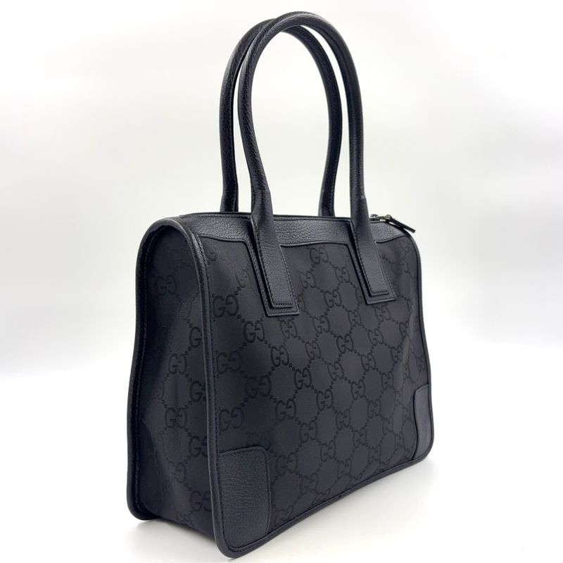 Gucci GG Pattern Leather X Nylon Canvas Black Handbag Silver 143742