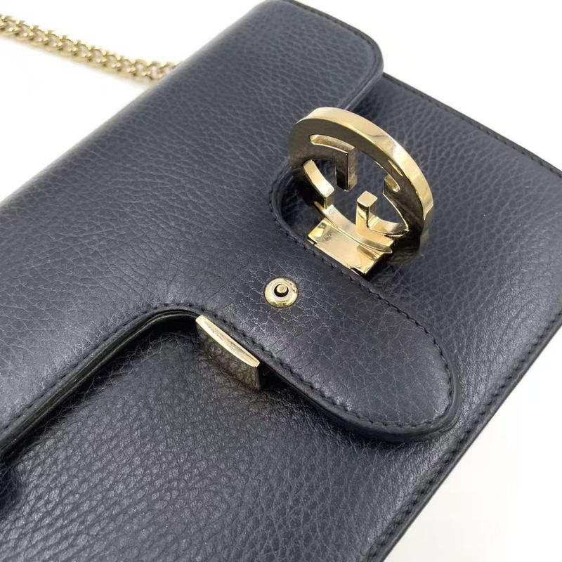 Gucci Interlocking G Chain Shoulder Bag Leather Black Shoulder Bag Gold 510304