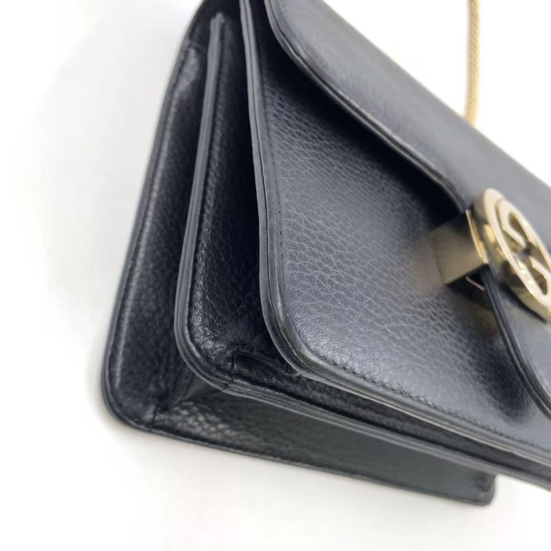 Gucci Interlocking G Chain Shoulder Bag Leather Black Shoulder Bag Gold 510304