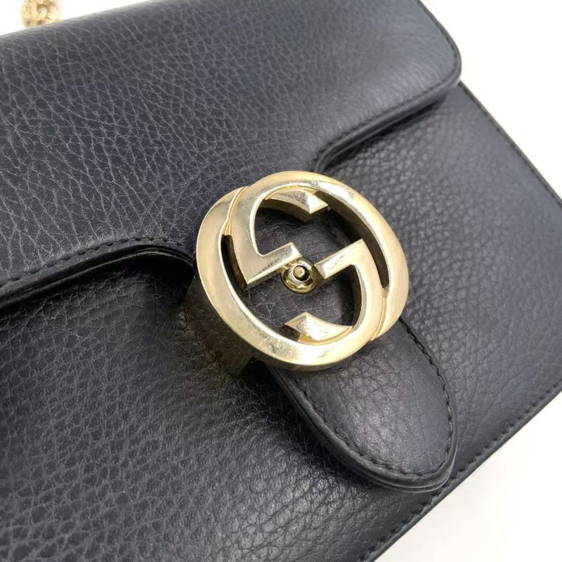 Gucci Interlocking G Chain Shoulder Bag Leather Black Shoulder Bag Gold 510304