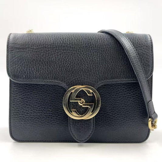 Gucci Interlocking G Chain Shoulder Bag Leather Black Shoulder Bag Gold 510304