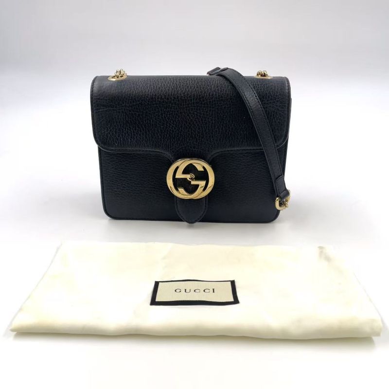 Gucci Interlocking G Chain Shoulder Bag Leather Black Shoulder Bag Gold 510304