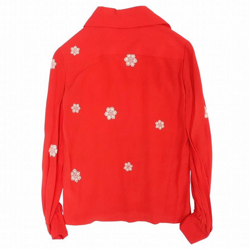 Vintage Christian Dior Nordic Pattern Snowflake Silk Shirt Blouse L Red Women