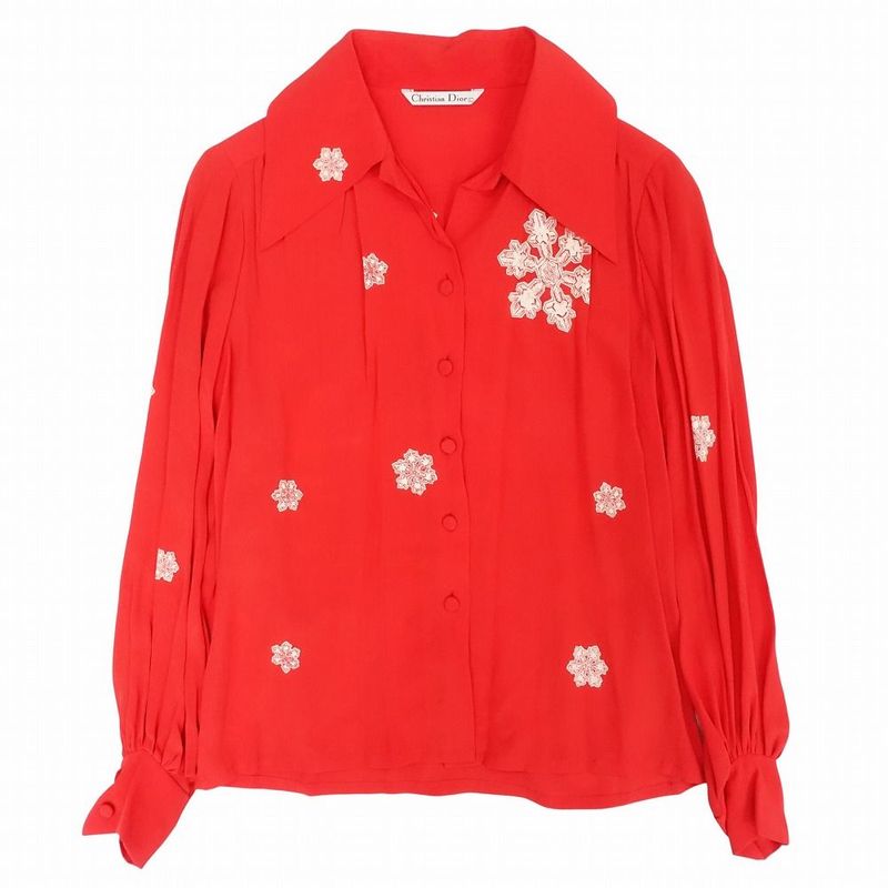 Vintage Christian Dior Nordic Pattern Snowflake Silk Shirt Blouse L Red Women
