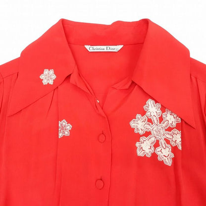 Vintage Christian Dior Nordic Pattern Snowflake Silk Shirt Blouse L Red Women