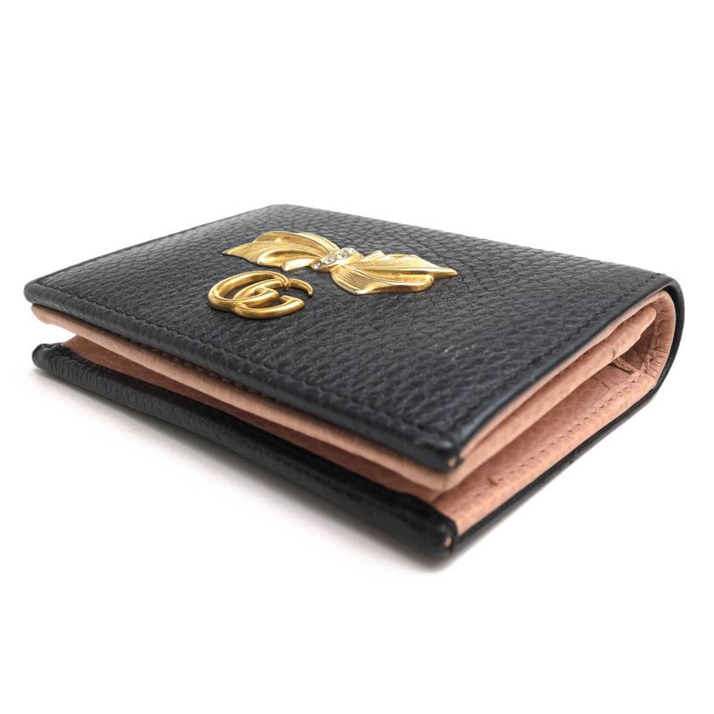 Gucci Wallet Women Leather Genuine Black 524289 Bow Compact Wallet GG Marmont