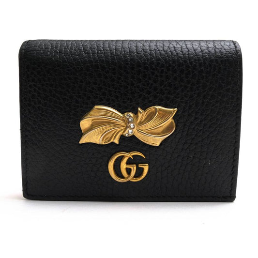 Gucci Wallet Women Leather Genuine Black 524289 Bow Compact Wallet GG Marmont