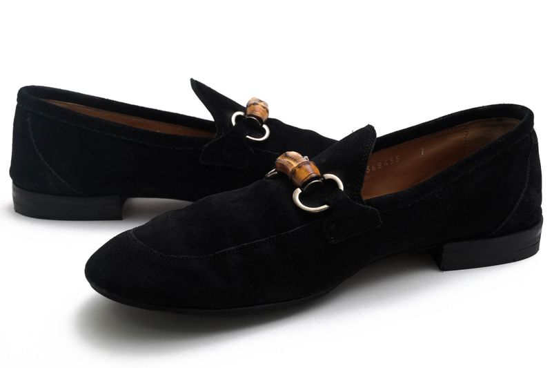 Gucci Bit Loafer Shoes Men Suede Leather Genuine Black 368435 Suede Bamboo