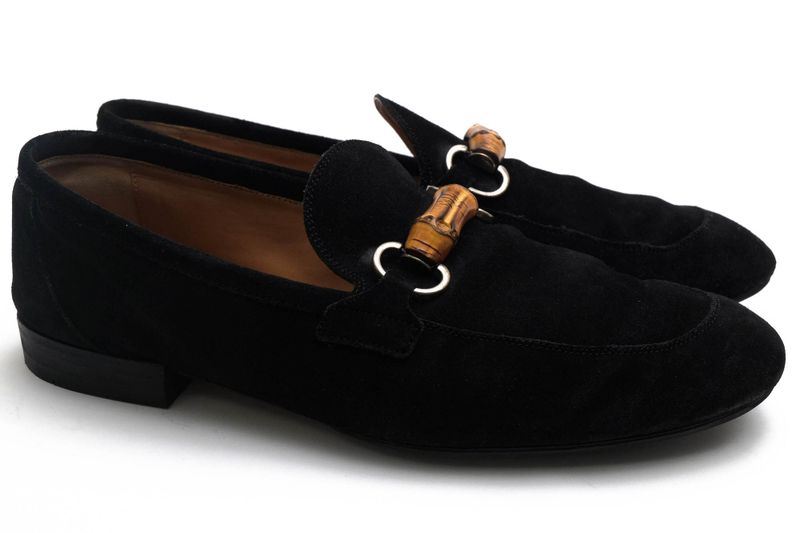 Gucci Bit Loafer Shoes Men Suede Leather Genuine Black 368435 Suede Bamboo
