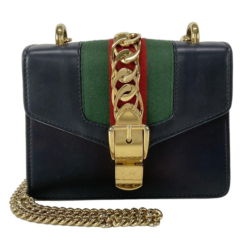 Gucci Shoulder Bag Sylvie Mini 431666 Dark Navy Green And Red Chain Shoulder