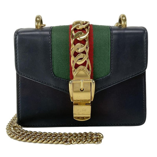 Gucci Shoulder Bag Sylvie Mini 431666 Dark Navy Green And Red Chain Shoulder