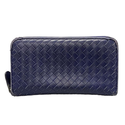 Bottega Veneta Intrecciato Navy Round Zipper Leather Long Wallet