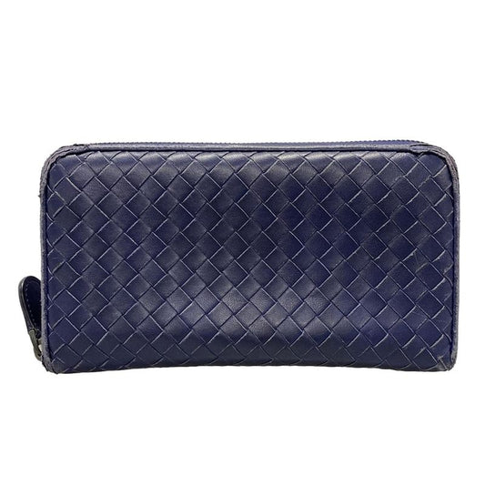 Bottega Veneta Intrecciato Navy Round Zipper Leather Long Wallet