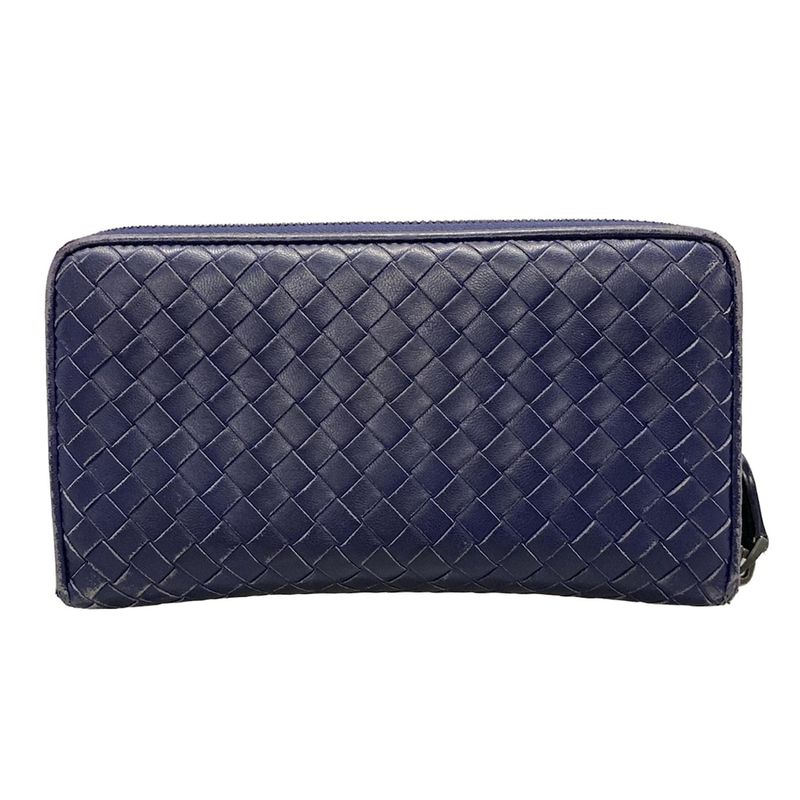 Bottega Veneta Intrecciato Navy Round Zipper Leather Long Wallet