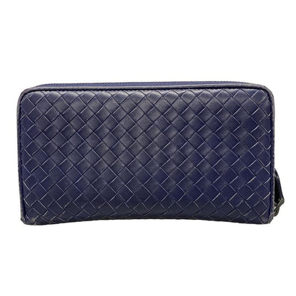 Bottega Veneta Intrecciato Navy Round Zipper Leather Long Wallet