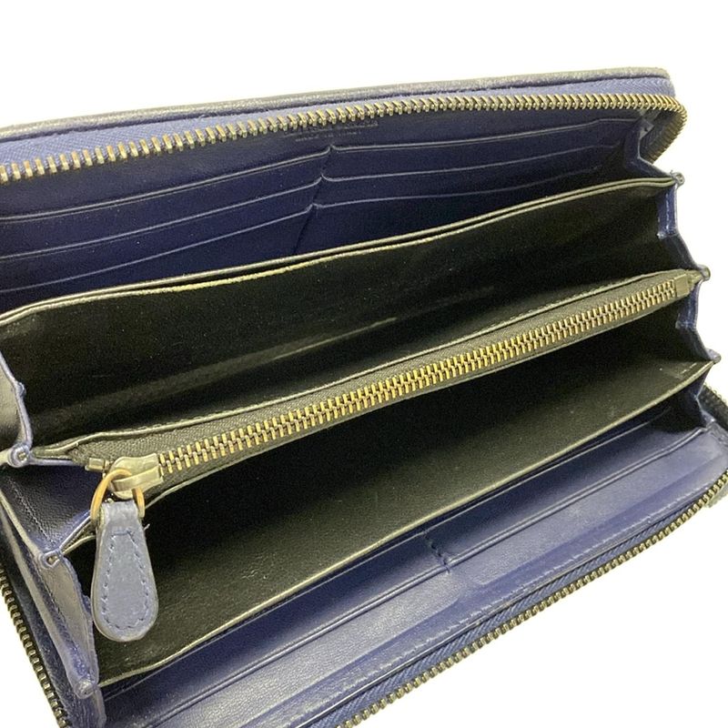 Bottega Veneta Intrecciato Navy Round Zipper Leather Long Wallet