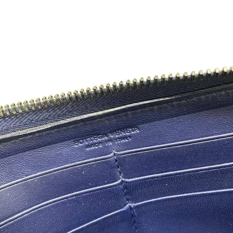 Bottega Veneta Intrecciato Navy Round Zipper Leather Long Wallet