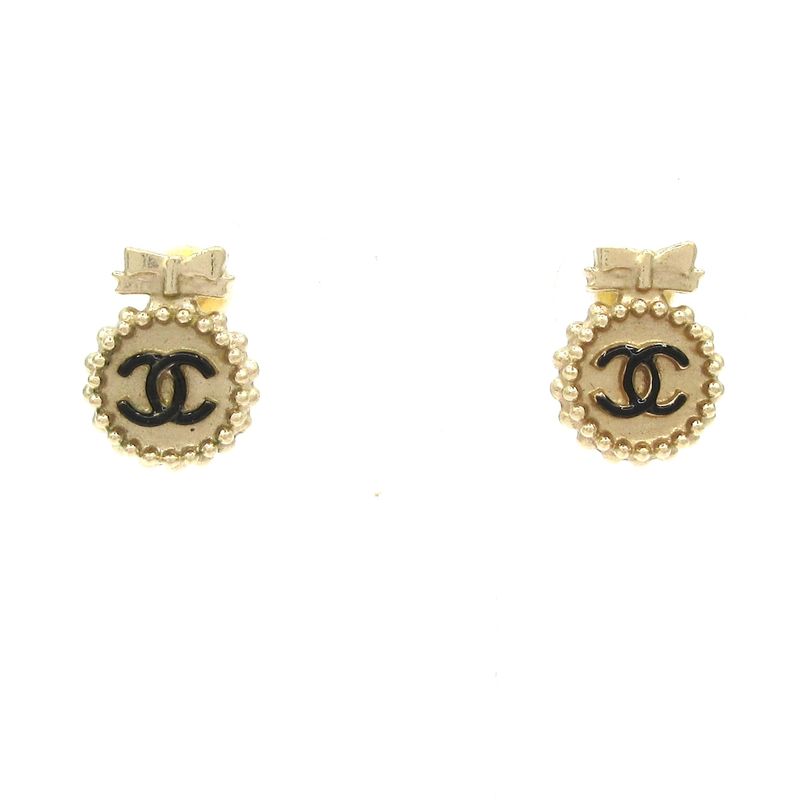 Chanel Earrings Gold And Black Coco Mark/ribbon