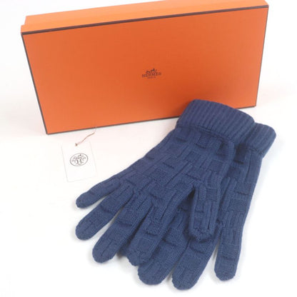 Hermes 100% Cashmere H Logo Knitted Gloves Gloves Navy M With Box Made In Italy