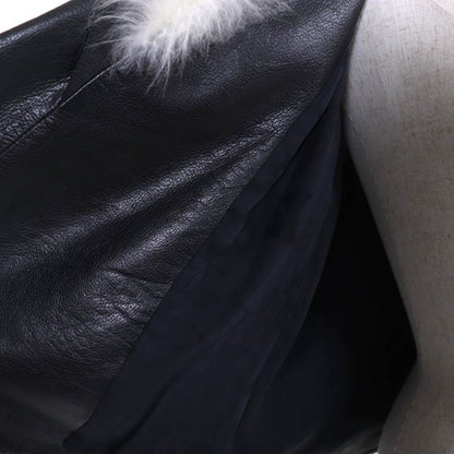 CHANEL P59083 Calfskin Goat Fur Sailor Collar Riders Jacket With Coco Mark