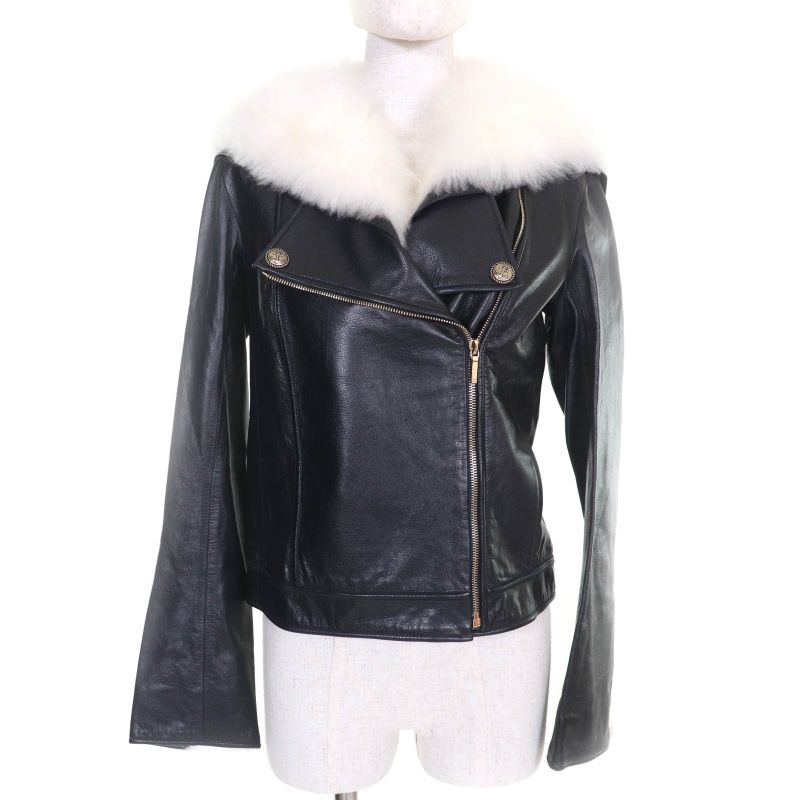 CHANEL P59083 Calfskin Goat Fur Sailor Collar Riders Jacket With Coco Mark