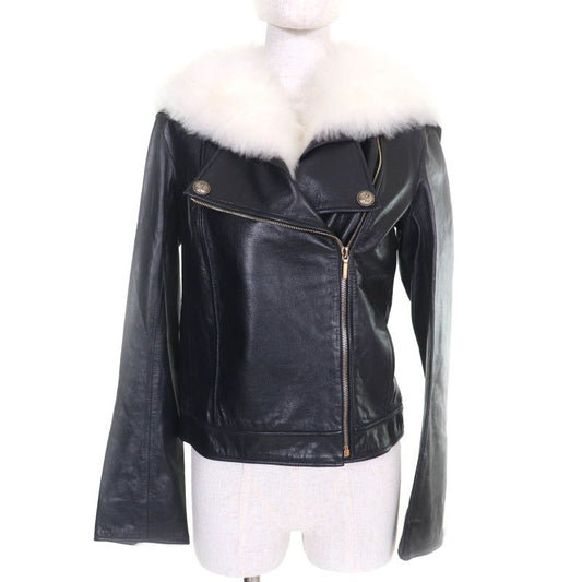 CHANEL P59083 Calfskin Goat Fur Sailor Collar Riders Jacket With Coco Mark