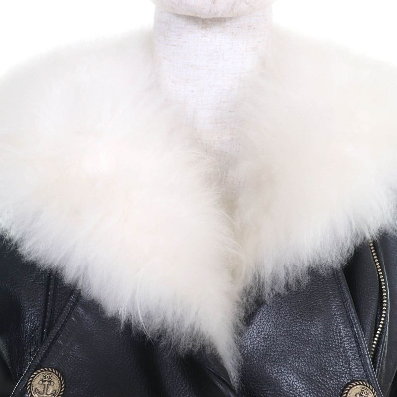 CHANEL P59083 Calfskin Goat Fur Sailor Collar Riders Jacket With Coco Mark