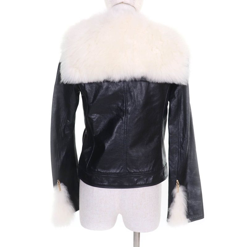 CHANEL P59083 Calfskin Goat Fur Sailor Collar Riders Jacket With Coco Mark