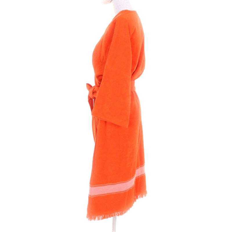 Hermes 100% Cotton Logo Embroidered Fringed Bathrobe Orange TU (equivalent To