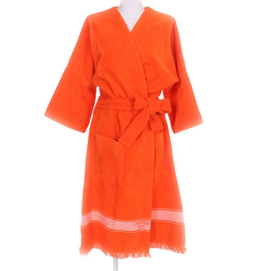 Hermes 100% Cotton Logo Embroidered Fringed Bathrobe Orange TU (equivalent To