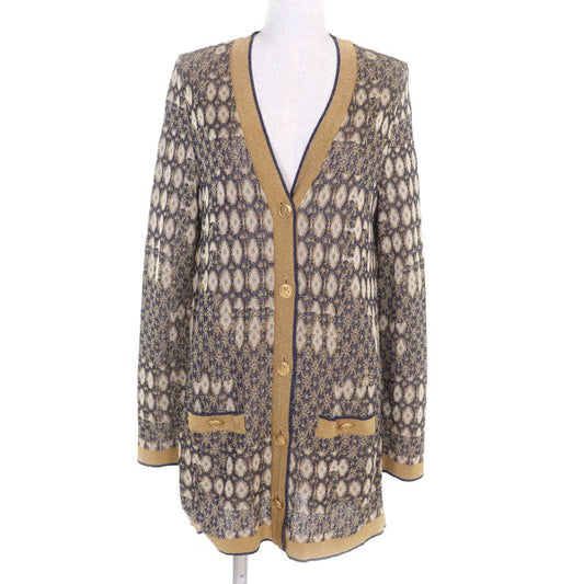 CHANEL P61677 All-over Lamé Long Cardigan With Coco Mark Gold Buttons Gold Navy