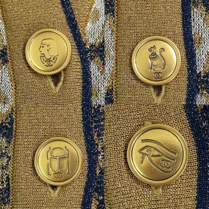 CHANEL P61677 All-over Lamé Long Cardigan With Coco Mark Gold Buttons Gold Navy