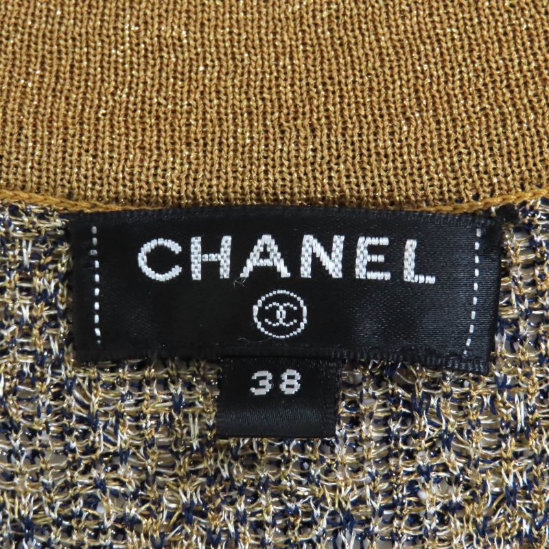 CHANEL P61677 All-over Lamé Long Cardigan With Coco Mark Gold Buttons Gold Navy