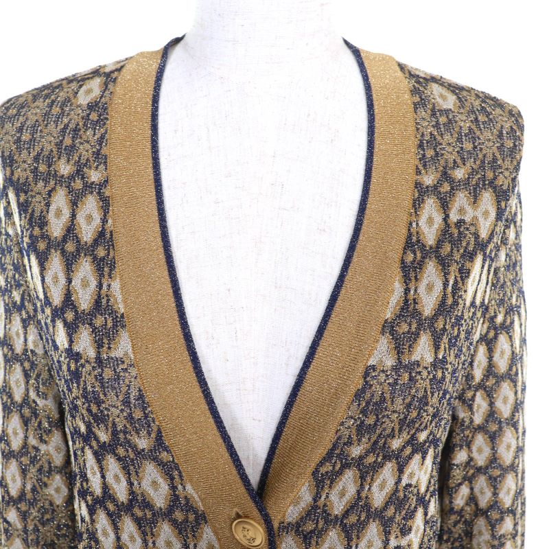 CHANEL P61677 All-over Lamé Long Cardigan With Coco Mark Gold Buttons Gold Navy